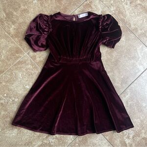 Zara Girls Maroon Short Puff Sleeves Velvet Dress Size 9